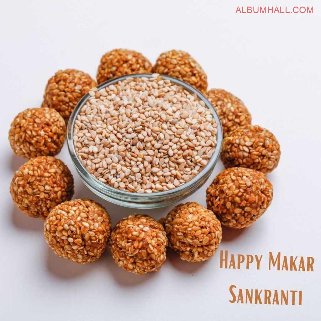 Sankrant special items like sesame seeds & ladoos in circle shape on table