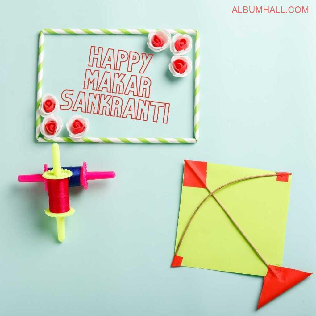 Sankrant wishes on decorated table with yellow kite, threads and mini balckboard