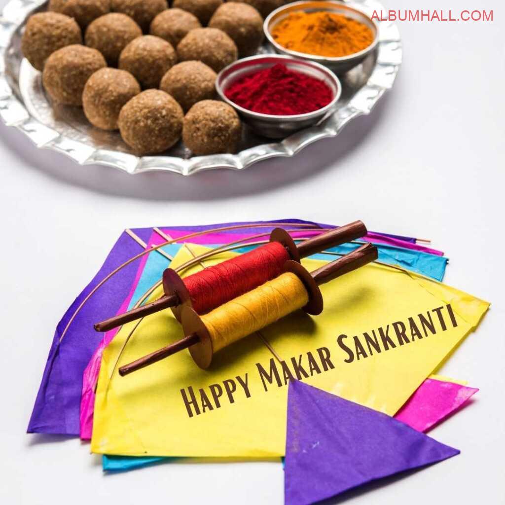 Sankranti special ladoo plate with multiple color kites