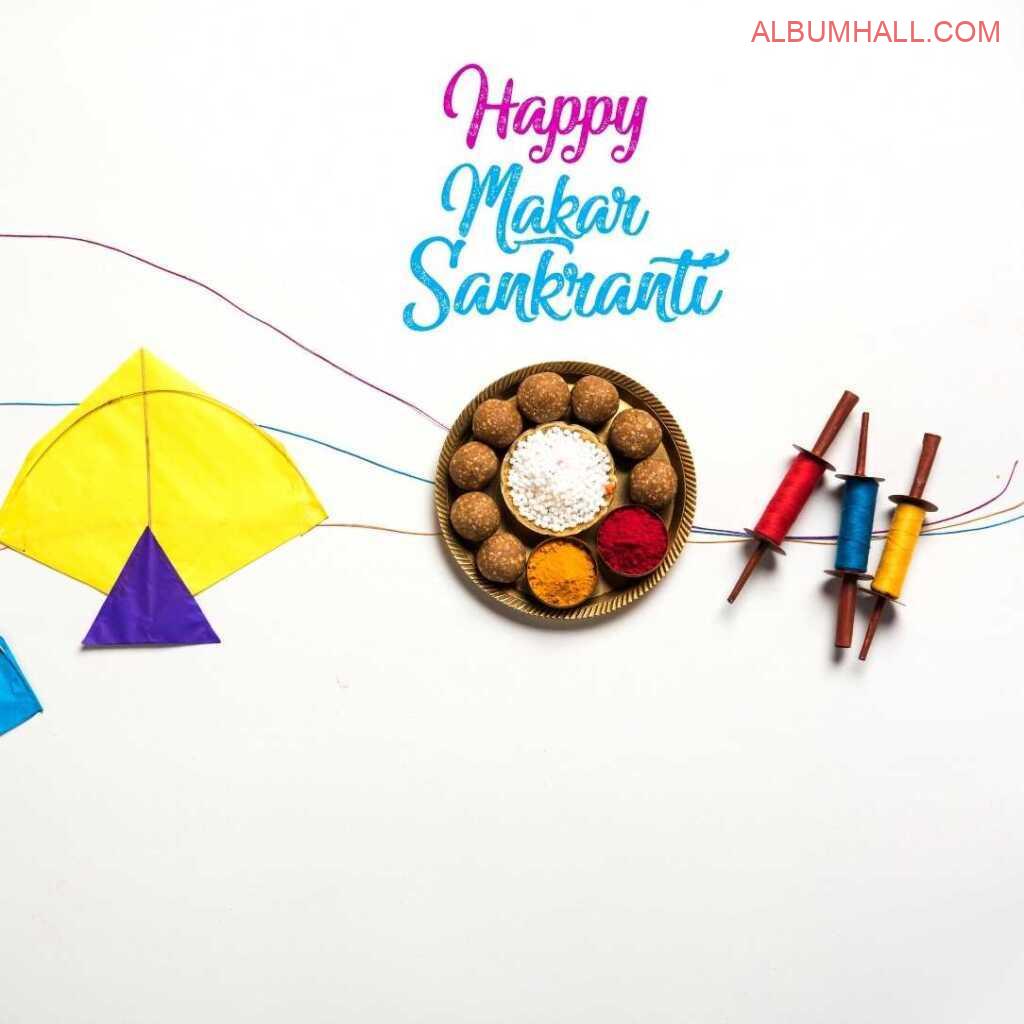 Yellow kite, multiple threads and colors with till ladoos celeberate Sakranti
