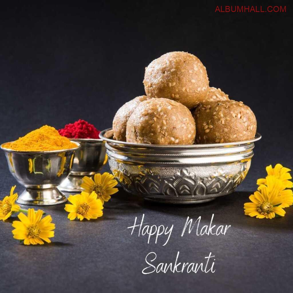 Sankrant special items like silver matka, ladoo colors and flowers on a decorated table