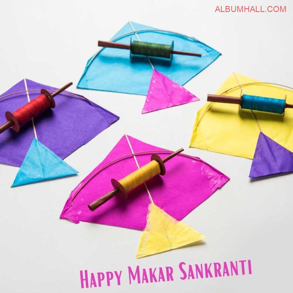 four threads and four Sankrant kites lying in circle shape