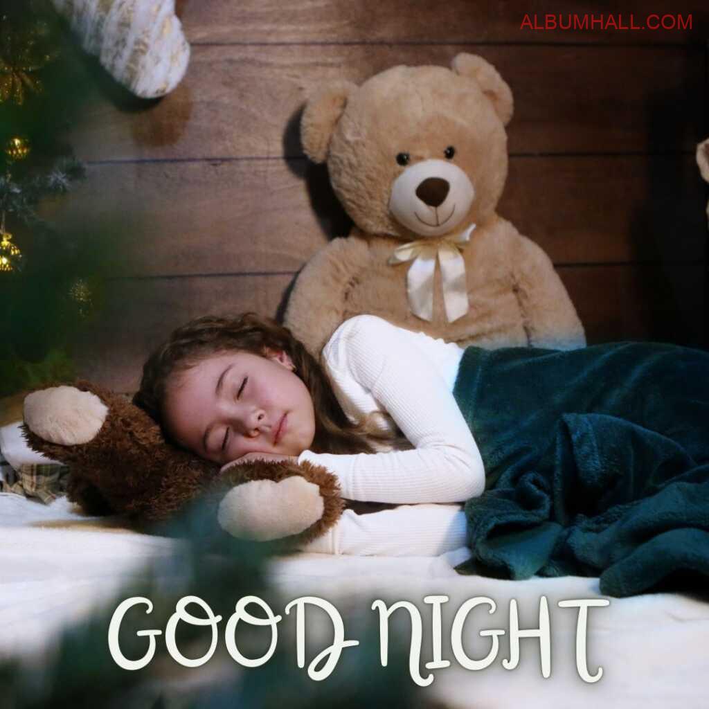 Small girl child sleeping during night time with her brown color two teddies