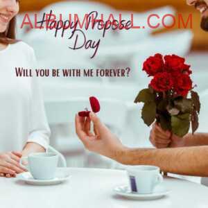 Man with rose bouquet and ring on propose day on coffee table