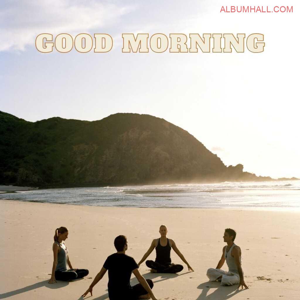 group of four people doing chatting on beach side and enjoying sun rise in morning