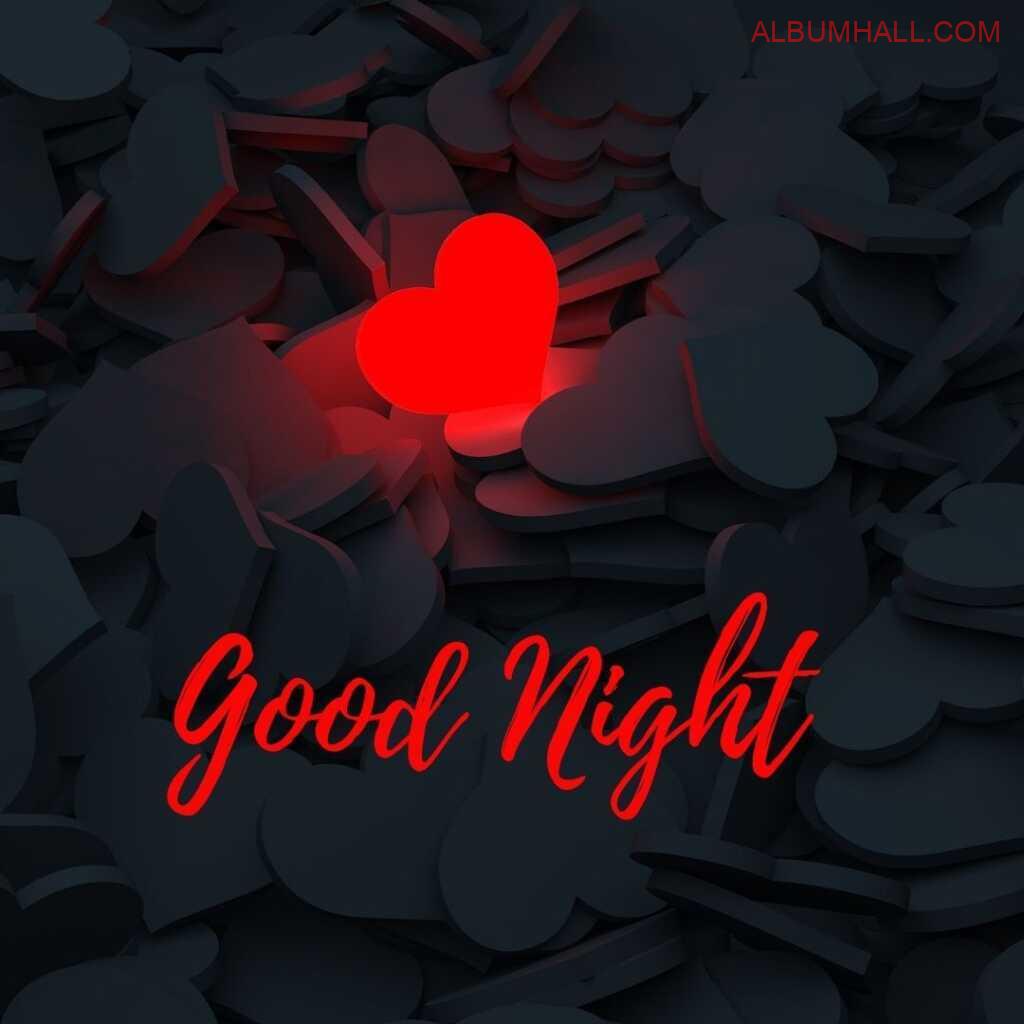 heart shaped lights lying together with one of them glowing in red wishing good night
