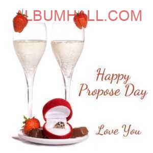 Vine glasses with strawberry on it and ring in red box kept in box on propose day