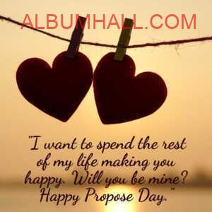 two maroon hearts hanging on rope with clips and propose day quotes written