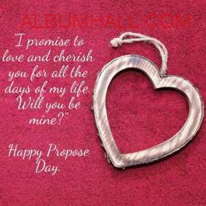 maroon carpet with heart shaped pendant and propose day quotes in valentine week saying "I promise to love and cherish you for all the days of my life. Will you be mine?"
