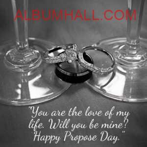 Vine glasses with two rings in between mentioning propose day quotes