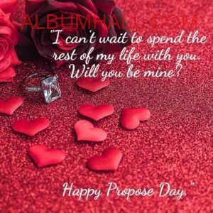 light red hearts, dark red rose and ring with propose day quotes