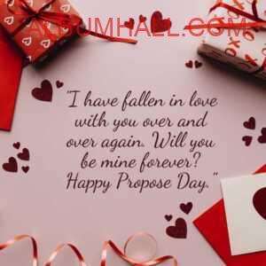 two red colored gift wrapped and cards around on pink chart with propose day quotes for love