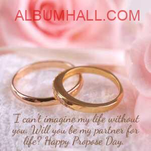 Two golden pain rings with pink roses and propose day quotes for love