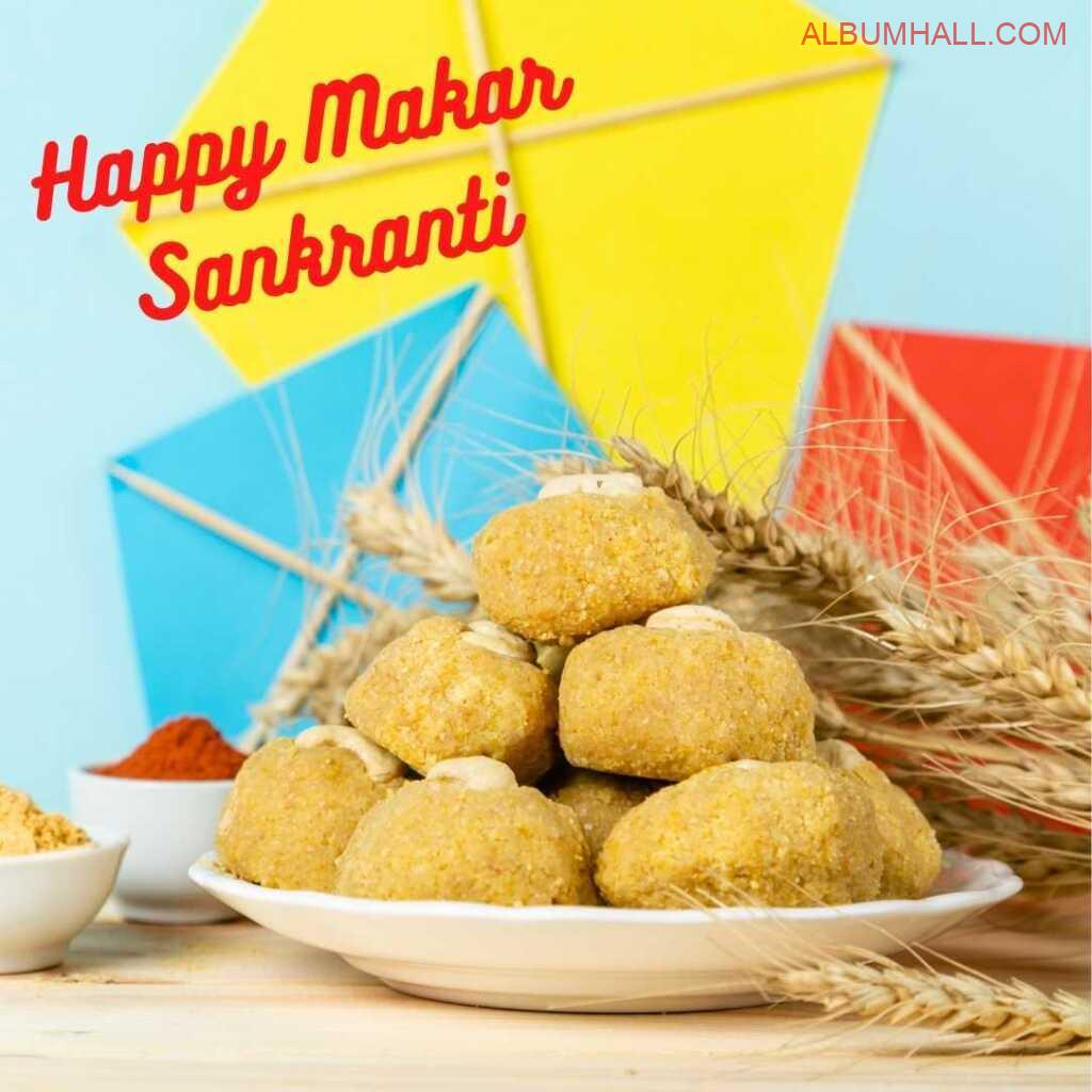 red yellow blue kites with sankrant kaju ladoo with crops lying on the table